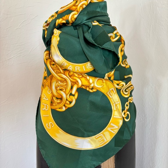 CÉLINE PARIS Hand-Rolled Silk Scarf in Emerald Green and Gold - Picture 12 of 13